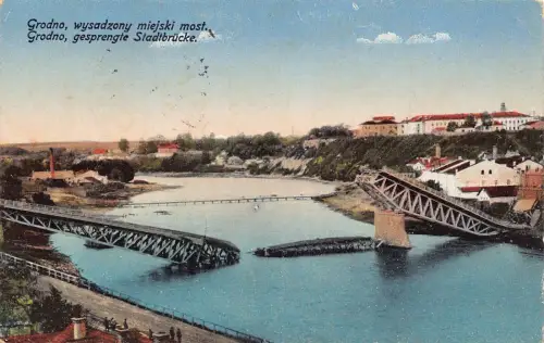 L084 Weißrussland Grodno 1916 Die zerstörte Brücke Feld Postkarte
