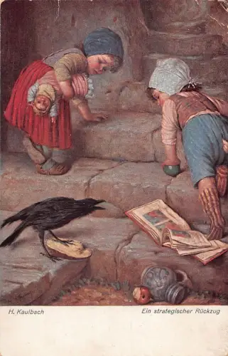 L352 Gemälde 1918 H Kaulbach Ein Strategischer Rueckzug Kinder Krähe Postkarte