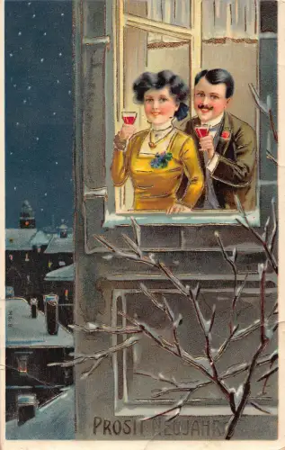 B103 Neujahrsgrüße 1911 Paar hebt Sektgläser Fenster Postkarte