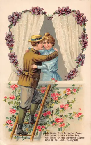 B112 Liebesromantik Paar umarmt auf Leiter Veilchen Blumen geprägte Postkarte