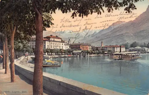 A114 Italien 1908 Lugano Quai Dampfschiff Vintage Postkarte