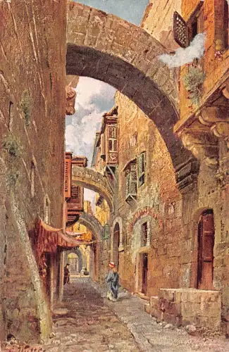 A113 Israel 1914 Jerusalem Via Dolorosa Straßengemälde signiert Vintage Postkarte