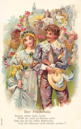 B124 Liebesroman Hochzeit Mittelalter Der Freischütz Rosen Prägepostkarte