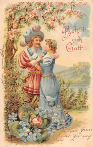 B124 Liebesromane 1903 Mittelalter Paar Trompete Vergissmeinnicht geprägte Postkarte