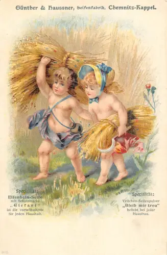 B124 Landwirtschaft Kinder Heu Günther & Haussner Chemnitz Kappel Litho Postkarte
