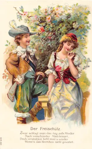 B124 Liebesromane Mittelalter Paar flirtet Freischütz Blumen Prägepostkarte