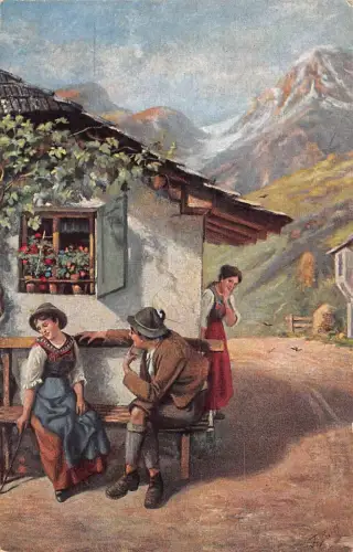 Frau auf dem Land blickt auf Paar, das auf Bench Mountain flirtet Vintage Postkarte