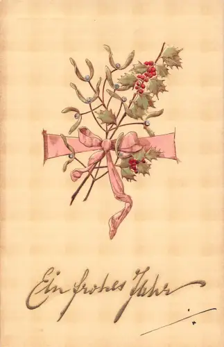 B101 Neujahrsgrüße Mistelzweig und Heiliger Baum unter Band geprägte Postkarte