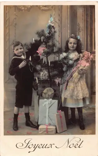 B101 Neujahrsgrüße 1910 Kinder bei Baum Matrosen Kostüm RPPC Postkarte