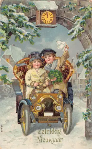 B101 Neujahrsgrüße Kinder im Auto Kleeblatt Blumenstrauß Uhr Schnee Postkarte