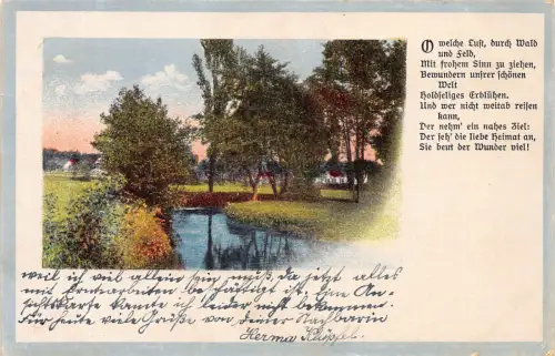 B100 Deutsches Gedicht 1925 Passepartout Landschaft Fluss Bäume Vintage Postkarte