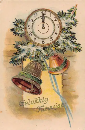 B101 Neujahrsgrüße 1932 Uhr Glockenpaar geprägte Postkarte