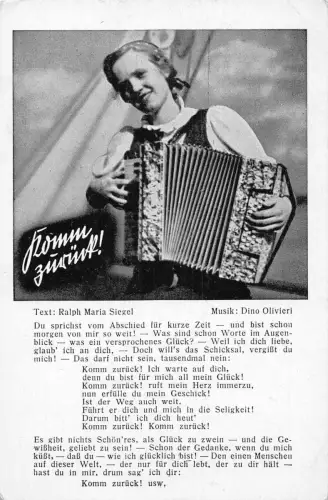 Liederkarte Komm zurueck, Ralph Maria Siegel Akkordeonistin Frau Postkarte