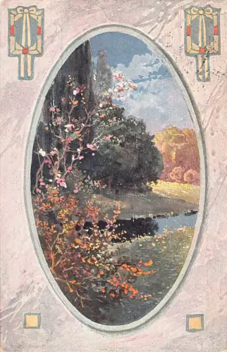 Postkarte Passepartout 1913 Frühlingslandschaft Wald Flussblüte Blumen