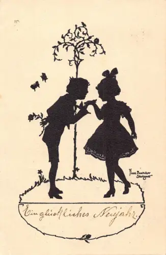 B100 Silhouette 1920 Liebesromantik Paar Rose Schmetterling von Boeltcher Postkarte