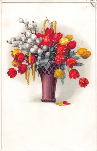 B100 Stillleben Natur 1919 Tulpen Blumen und Muschi Weide in Vase Postkarte