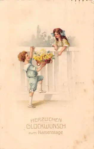 B100 Namenstag Grüße 1918 Liebe Romantik Junge bietet Rosen an Mädchen Postkarte
