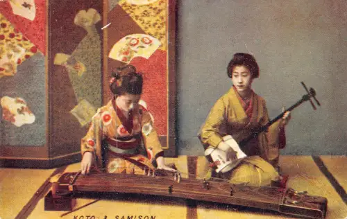 B556 Ethnische indianische Japaner Koto & Samison Geishas Musikinstrumente Postkarte