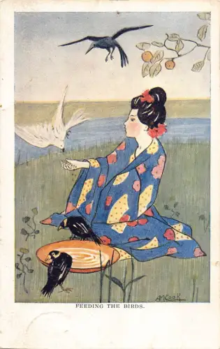 B557 Ethnische einheimische Geisha füttert die Vögel von AM Cook Japanisch 1906 Postkarte