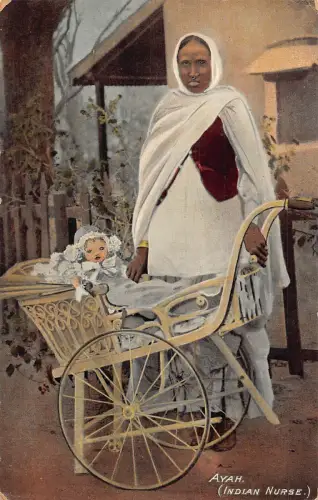 B557 Ethnische Indianer Krankenschwester Ayah Kinderwagen Mädchen Vintage Postkarte