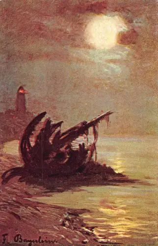 Segelboot Schiffbruch Nacht Leuchtturm Kunst signiert Fritz Bayerlein Postkarte