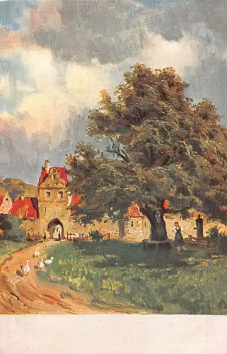 Hohes Baumdorf Idyllische Ansicht Brunnen Gänsekunst signiert Fritz Bayerlein Postkarte