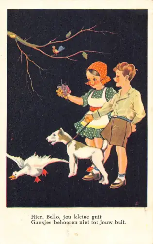 Holländische Kinder gehen mit Hund, der auf Gans Vogel Baum Ast bellt Kunst 1937 Postkarte