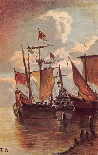 Hafenansicht Segelschiffe Abfahrt Kunst signiert Fritz Bayerlein Vintage Postkarte