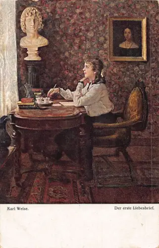 Erster Liebesbrief Mädchen schreibt am Schreibtisch Kunst signiert Karl Weise Postkarte