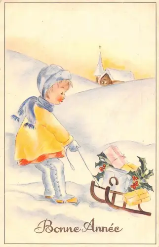 Gezeichnetes Mädchen zieht Schlitten mit Geschenken Heiliger Baum Schnee Kirche Neujahr Postkarte