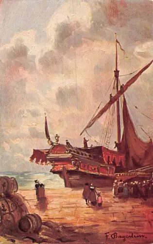 Hafenansicht Einschiffung Schiffspassanten Kunst signiert Fritz Bayerlein Postkarte