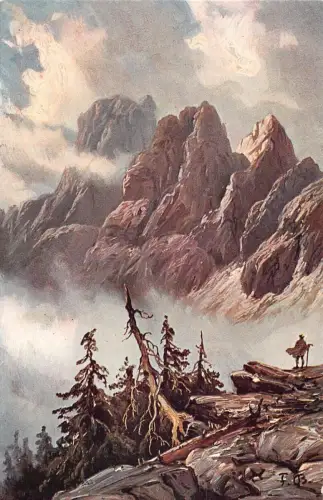 Klippen bewölkt Bergsteiger Kunst signiert Fritz Bayerlein Postkarte