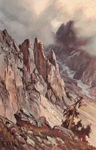 Cliffs Clouded Mountain Art signed Fritz Bayerlein Postkarte