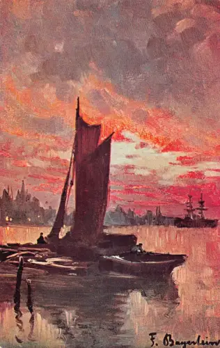 Segelboot bei rosa Sonnenuntergang Kunst signiert Fritz Bayerlein Vintage Postkarte