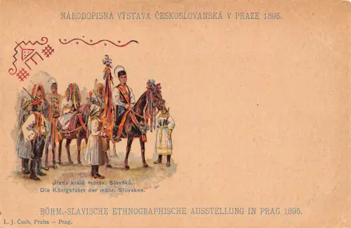 B109 Tschechien 1895 Slawisch Böhmische Ausstellung Prag Volkstrachten Pferd Postkarte