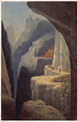 Art Cliffs Man Waling Torches Night Der Heilige Fels signed P v Mueller Postkarte