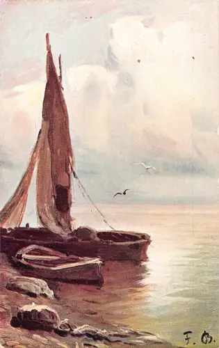 Segelboot am Meer Kunst signiert Fritz Bayerlein Vintage Postkarte