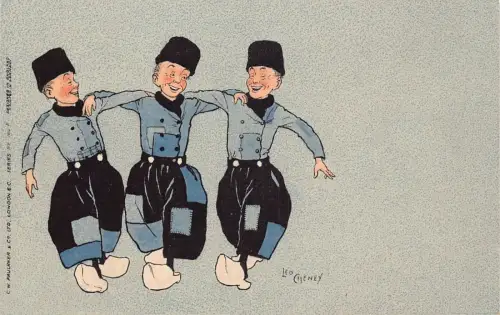 Drei Holländer tanzen Holzschuhe Puffhosen Kunst signiert Leo Cheney Postkarte