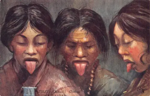 China Tibet Chakzal! Drei einheimische Frauen halten Zungen heraus Vintage Postkarte