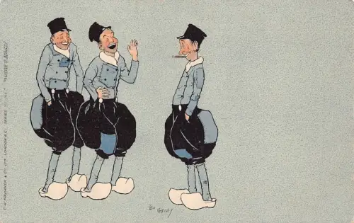 Drei Holländer rauchen lachende Holzschuhe Puffhosen Leo Cheney Postkarte