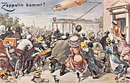 B106 Comic Humor Chaotische Menge in der Art Zeppelin Hund Fahrrad Kunst Postkarte
