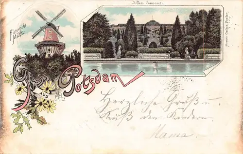 A128 Deutschland 1899 Gruss aus Potsdam Blume Historische Mühle Sanssouci lith Postkarte