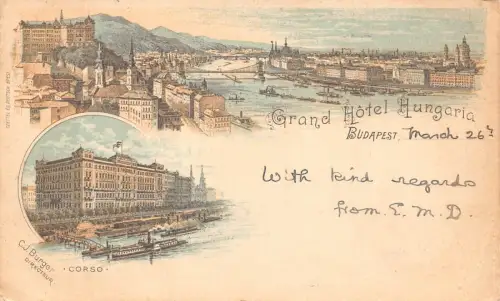Ungarn 1900 Budapest Grand Hotel Hungaria Steamboat Corso Litho Postkarte