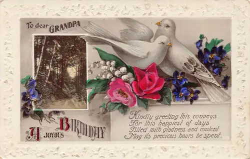 B230 Geburtstagsgrüße 1925 Opa Tauben Rosen Maiglöckchen Postkarte