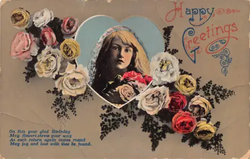 B230 Geburtstagsgrüße Wildrosen Blumenmädchen im Herz Passepartout Postkarte