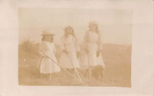B123 Sozialgeschichte RPPC Drei Schwestern Rechen Hund Landwirtschaft Vintage Postkarte