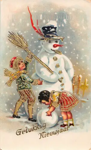 B101 Neujahrsgrüße 1932 Kinder basteln Schneemann goldene Details Postkarte