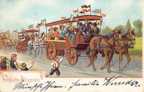 B124 Pfingstgrüße Pferdekutschen Trompeter Fahnen Kinder Postkarte