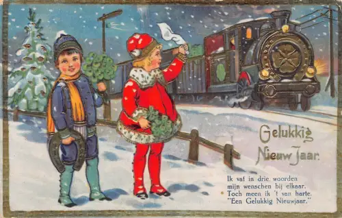 B107 Weihnachtsgrüße Kinder Dampfzug Kleeblatt Hufeisen Schnee Postkarte
