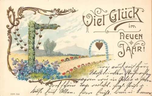 B114 Neujahr 1907 Kleeblatt Straßenschild Vergissmeinnicht Pilze geprägte Postkarte